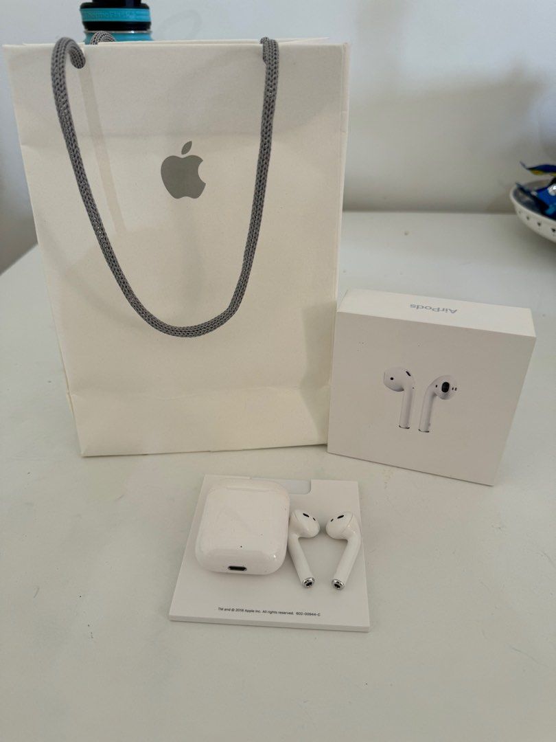 Authentic Apple AirPods (Category: Earphones) located in Cavite. Submitted by preloved_mommyandkidsph (Listing ID 1359930372, Image 1). Description: Full set box, manual paper bag without the cable In great condition With free rubber casing Bought in Changi Airport Singapore .