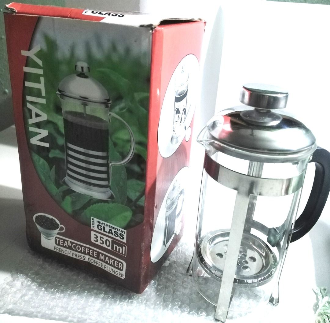 COFFEE & TEA MAKER, 350ML (Category: Coffee Machines & Makers) located in Taguig. Submitted by juls0607 (Listing ID 1359897789, Image 2). Description: YITIAN, French Press Coffee Plunger Coffee & Tea Maker, 350ml Heat-Resistant Glass French Press Coffee Plunger 350ml Directions: / high-temperature glass is fit for tropical climate or cold weather use. / Add one teaspoon of your favorite tea or coffee Add boiling water into the coffee maker to a M