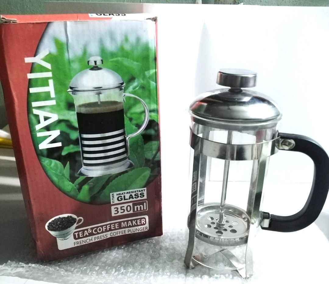COFFEE & TEA MAKER, 350ML (Category: Coffee Machines & Makers) located in Taguig. Submitted by juls0607 (Listing ID 1359897789, Image 1). Description: YITIAN, French Press Coffee Plunger Coffee & Tea Maker, 350ml Heat-Resistant Glass French Press Coffee Plunger 350ml Directions: / high-temperature glass is fit for tropical climate or cold weather use. / Add one teaspoon of your favorite tea or coffee Add boiling water into the coffee maker to a M