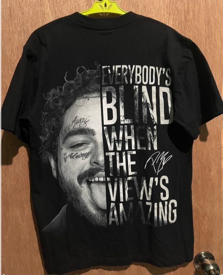 Post Malone shirt (Category: Tshirts & Polo Shirts ) located in Makati City. Submitted by decluttering143 (Listing ID 1360034489, Image 2). Description: Medium width 20 Length 27 Sleeve 9 (inches) Slightly used No defects Made in Thailand + shipping fee.