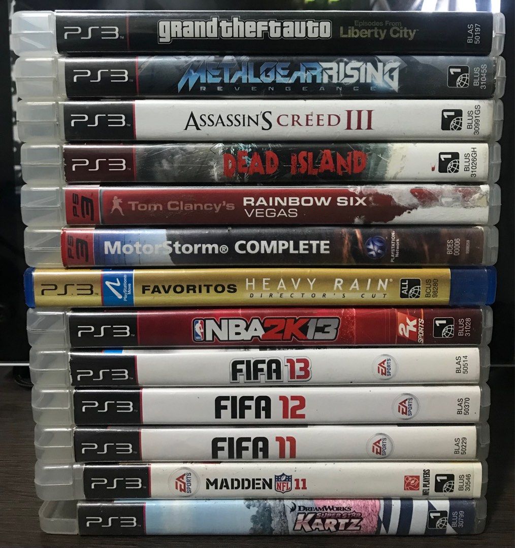 PS3 Original Game Disc Physical Copy Various Assorted Game Titles (Category: PlayStation) located in Cagayan de Oro. Submitted by johnarbiter117 (Listing ID 1352680542, Image 1). Description: Grand Theft Auto Episodes From Liberty City - 700 Metal Gear Rising Revengeance - 600 Assassins Creed 3 - 500 Dead Island Game Of The Year Edition (Includes ALL DLC In-Game Disc) - 700 Rainbow Six Vegas - 500 MotorStorm Complete - 500 Heavy Rain Director’s C