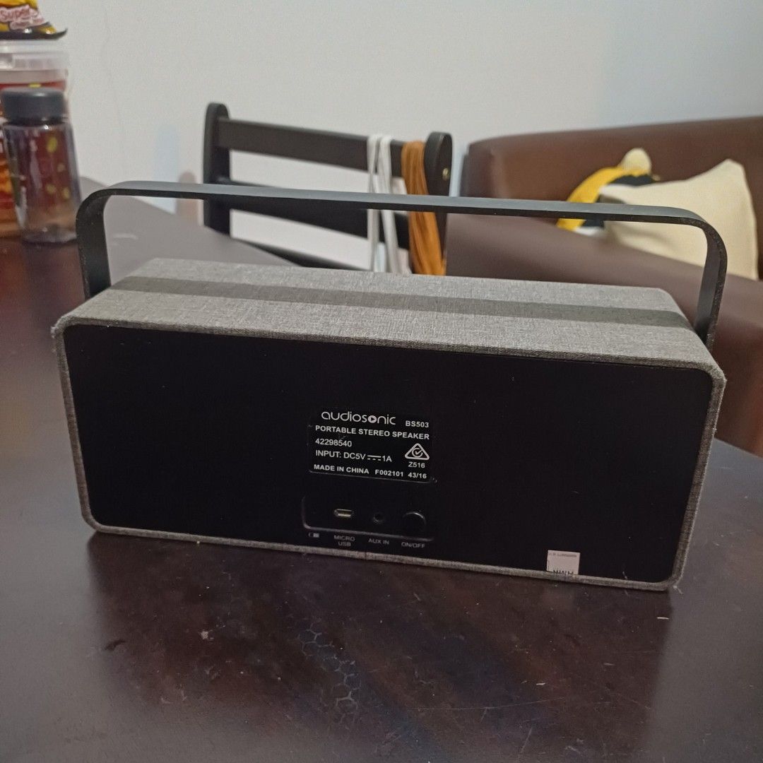 Retro Portable Bluetooth Speaker (Category: Portable Audio Accessories) located in Quezon City. Submitted by bikenbake (Listing ID 1359985807, Image 3). Description: Grey and black bluetooth speaker. Micro-USB charging port..