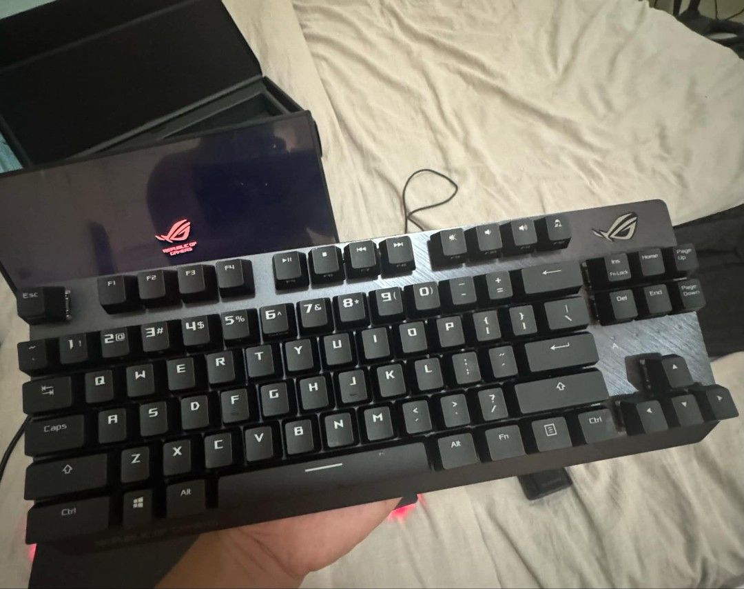ROG keyboard (Category: Computer Keyboard) located in Quezon City. Submitted by bizzyt (Listing ID 1359942660, Image 1). Description: rog keyboard/mouse and hyper x mic slightly nego.