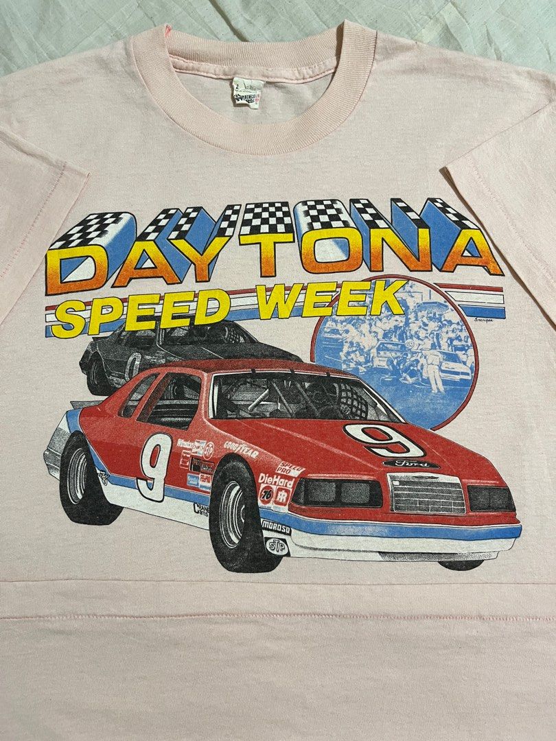 Vintage 80s Daytona Speed Week Tee (Category: Tshirts & Polo Shirts ) located in Subic. Submitted by quickieflips (Listing ID 1359935056, Image 1). Description: Vintage 80s Daytona Speed Week Shirt 80s Screen Stars tag Made in USA Single stitch all over Super beefy collar / neckline Size: Large Dimension: 20.5” x 26” Issue: 1 tiny pinhole 1,000 php Shipping fee will be shouldered by the buyer Location: Olongapo / Subic.