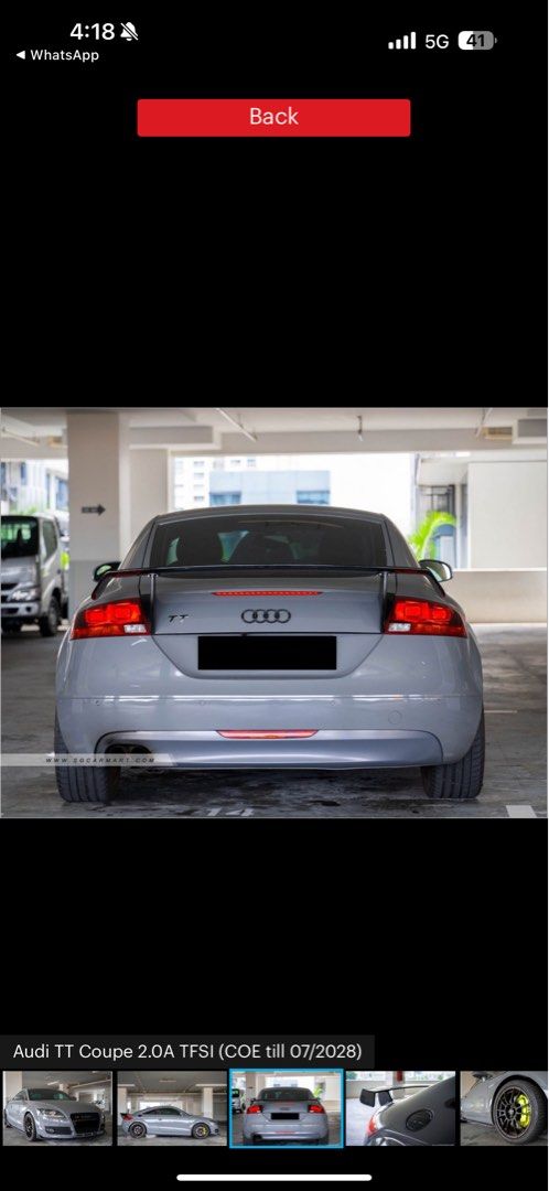 Audi TT Coupe 2.0 TFSI S-tronic (A) (Category: Used Cars) located in Singapore. Submitted by blivemall (Listing ID 1360113614, Image 3). Description: 2L 4 cylinder inline turbocharged engine, 6 speed auto transmission producing 197bhp, 280Nm torque. Accessories BBK Brembo, sound Magus system, Android system, carbon steering wheel, Cortex EBC. Description Immaculate condition, low mileage done. Freshly Rebuilt Engine! Red leather seats, Acantara s