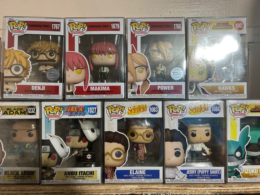 Funko Pop (Category: Designer & Blind Box Toys) located in Manila. Submitted by mxveronicx (Listing ID 1360164435, Image 1). Description: Funko Pop Personal collection Still in original box with protector Never opened 500 each except, Anbu Itachi - 900 Power - 700 Denji - 700 TAKE ALL ₱5000 (Negotiable) RFS: Need space for popmart collections.