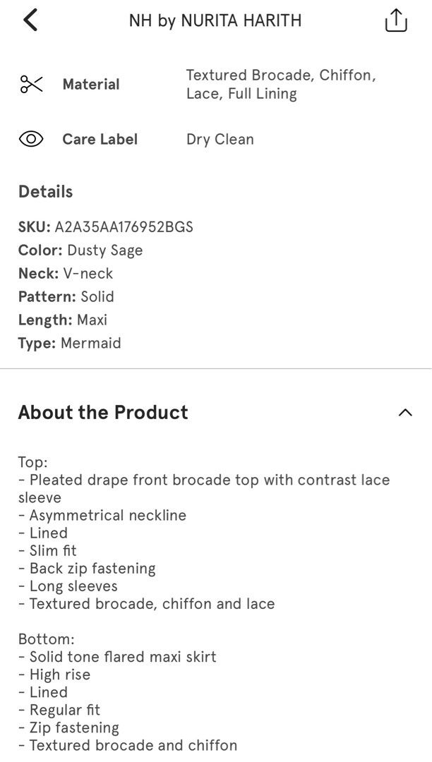 NH by NURITA HARITH Enid in dusty sage (Category: Baju Kurung & sets) located in Singapore. Submitted by eh.aannysa (Listing ID 1360188467, Image 2). Description: Item retailing at $243.90 on Zalora. Never worn before. DM for more details. #makespace .