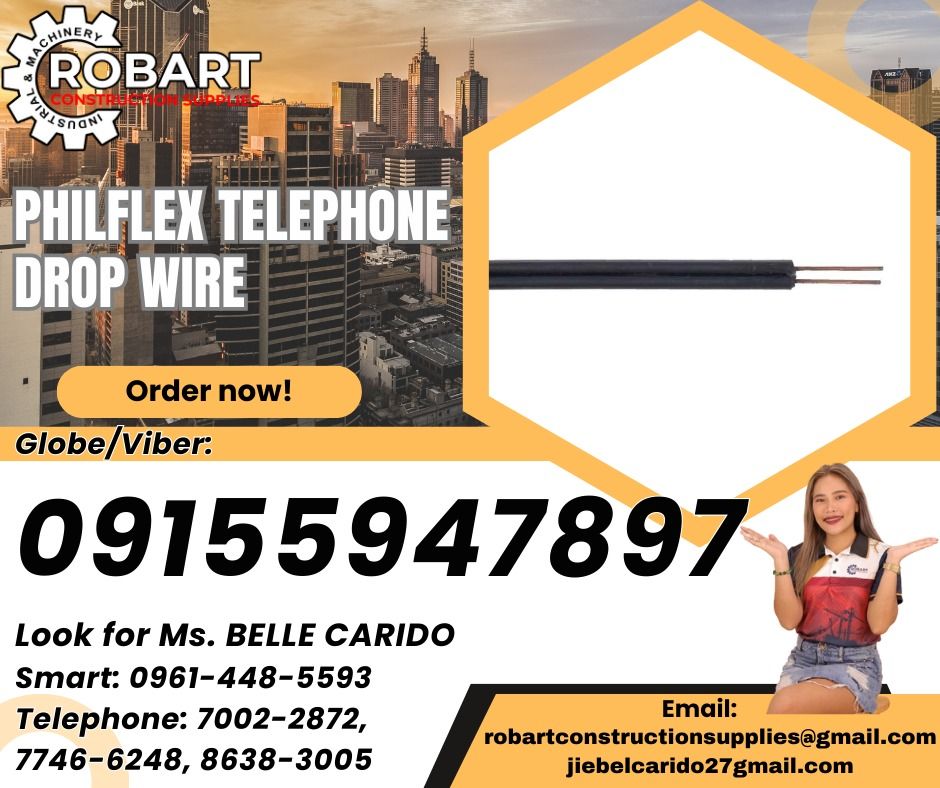 Philflex Telephone Drop Wire (Category: Industrial Equipment) located in Manila. Submitted by bellarobart (Listing ID 1360052165, Image 1). Description: Telephone Drop Wire Brand: Philflex Size: 0.9mm / 2c x 300m Parallel 𝑹𝑶𝑩𝑨𝑹𝑻 𝑪𝑶𝑵𝑺𝑻𝑹𝑼𝑪𝑻𝑰𝑶𝑵 𝑺𝑼𝑷𝑷𝑳𝑰𝑬𝑺 Office Address: 1405 Yuseco St. Sta Cruz Manila SEND US MESSAGE FOR INQUIRIES ‼️ ‼️ Glb/Vibr: 0915-594-7897 Smrt: 0961-448-5593 Landline: (7746-6248 / 7002-2872) 𝓛𝓞𝓞𝓚 𝓕