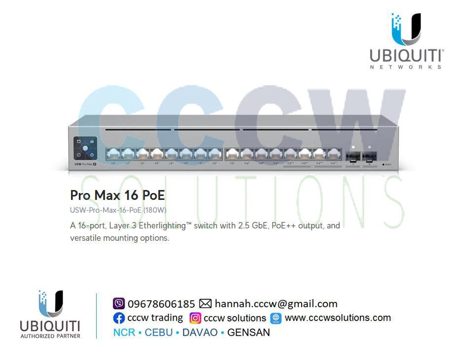 Pro Max 16 PoE USW-Pro-Max-16-PoE (Category: Networking) located in Antipolo. Submitted by cccwsolutions.com (Listing ID 1360101975, Image 1). Description: 📌 Pro Max 16 PoE USW-Pro-Max-16-PoE A 16-port, Layer 3 Etherlighting™ switch with 2.5 GbE, PoE++ output, and versatile mounting options. Etherlighting™ ports that illuminate to indicate port location, speed/link, and native VLAN/network* ▶️ (4) 2.5 GbE PoE++ ports ▶️ (12) GbE PoE+ ports ▶️ (2
