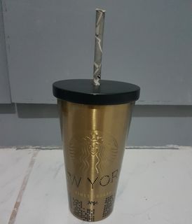 Starbucks - New York City Times Square Gold Tumbler Stainless Steel 16oz w Cup Straw
