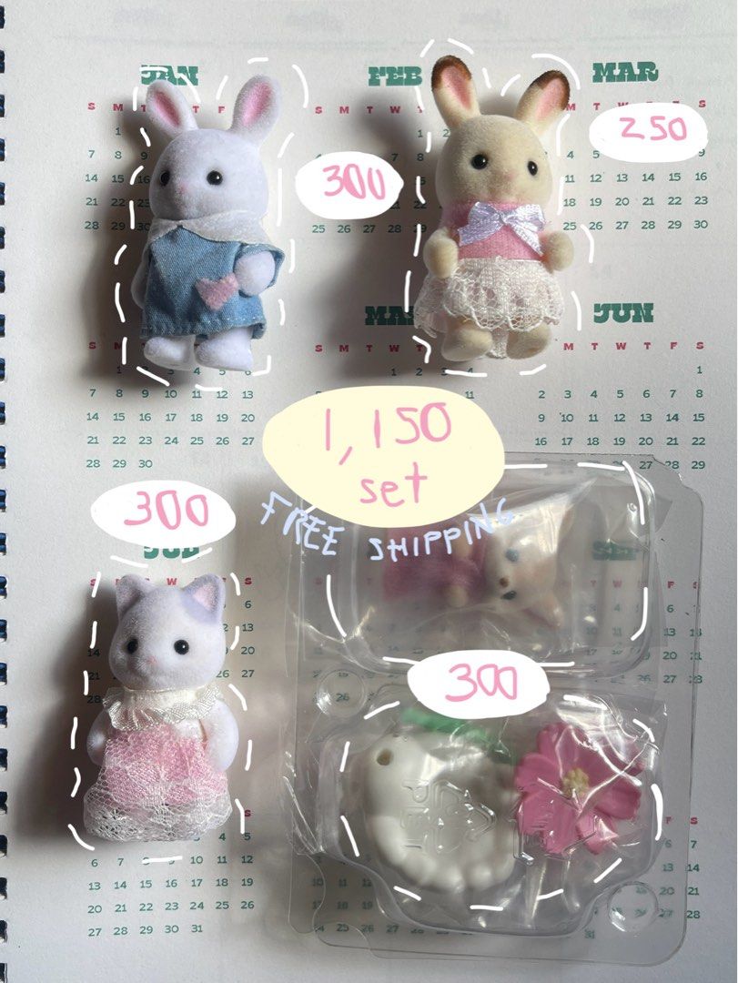 Sylvanian families calico critter (Category: Figurines & Statues) located in Bulacan. Submitted by ginbiloggg (Listing ID 1359867355, Image 1). Description: WTS LFB PH 🛒 WTS LFB PH 🛒 FREE SHIPPING Syvanian families set 🎀🌸👛 - 1,150 - fox fennec from forest blind bag - latte cat - school unif white rabbit - choco rabbit 💸: gcash payo 📦: ggx (malolos, bulacan) X sensi.