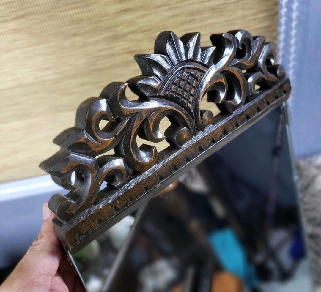 Vintage Decorative Rectangular Mirror with a Wooden Ornate Style Frame (Category: Mirrors) located in Quezon City. Submitted by patriciadd (Listing ID 1360058316, Image 1). Description: 31.75"x10" One stopper is missing but can be replaced small dent on the back Solid wood.