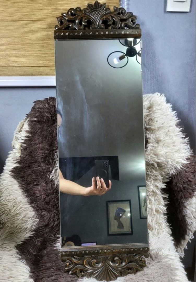 Vintage Decorative Rectangular Mirror with a Wooden Ornate Style Frame (Category: Mirrors) located in Quezon City. Submitted by patriciadd (Listing ID 1360058316, Image 2). Description: 31.75"x10" One stopper is missing but can be replaced small dent on the back Solid wood.
