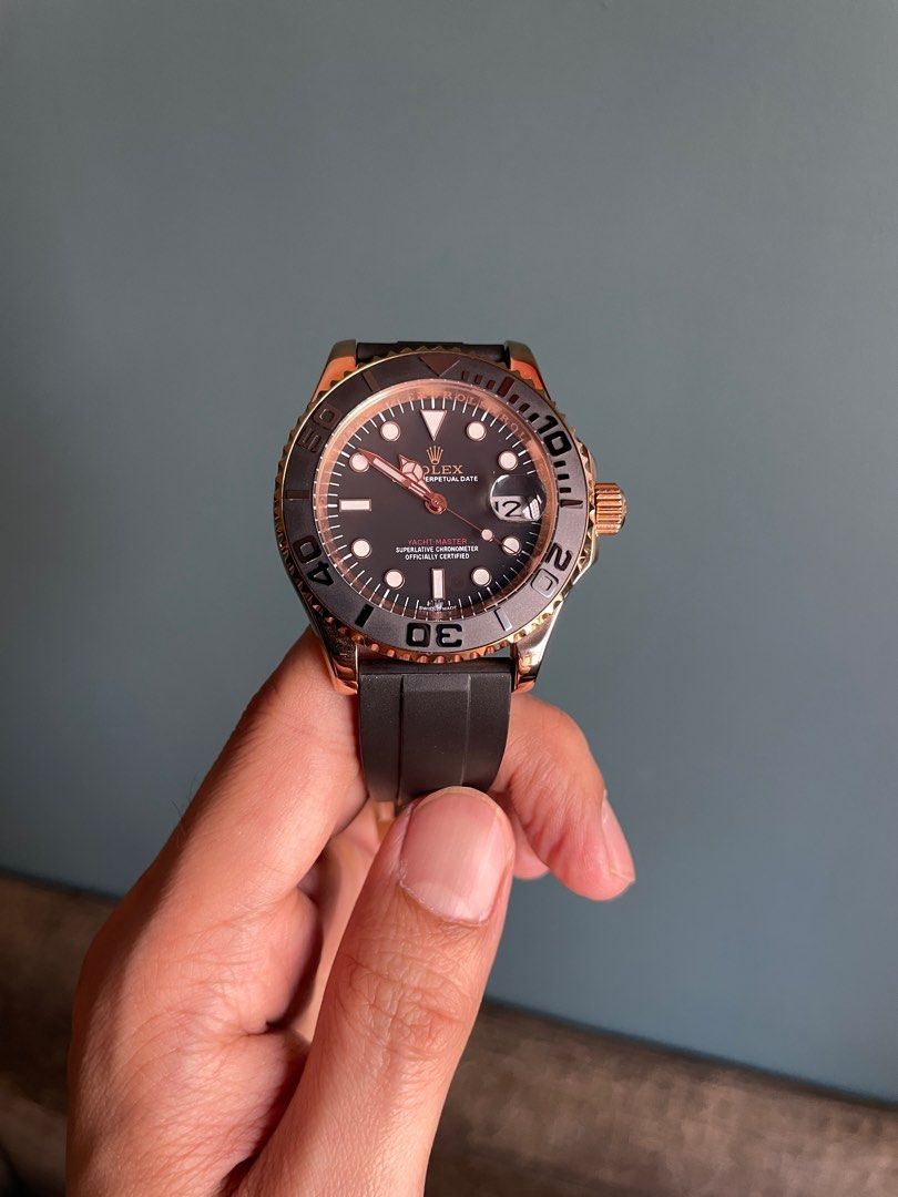 Yacht Master II Rose Gold (Category: Men's Watches) located in Mandaluyong City. Submitted by shopwidcl (Listing ID 1360160578, Image 3). Description: Yacht Master II in Oysterflex Rose Gold 40mm Sapphire glass Automatic Japan Movement Citizen Rotating Bezel Stainless steel AAA Quality No Inclusions For purchasing kindly see deliver for mode of payment, also look at my bio for item disclaimer, all photos posted are actual photos of the product, c