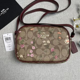 Coach CA719 Mini Jamie Zip Camera Bag in Khaki Signature Coated Canvas with Wildflower Print and Smooth Leather - Women's Bag