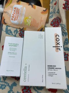 Haru Haru Wonder Sun Stick, Coxir Sunscreen, Mixsoon Centella Sunscreen and Ever Organics Papaya Brightening Sunscreen