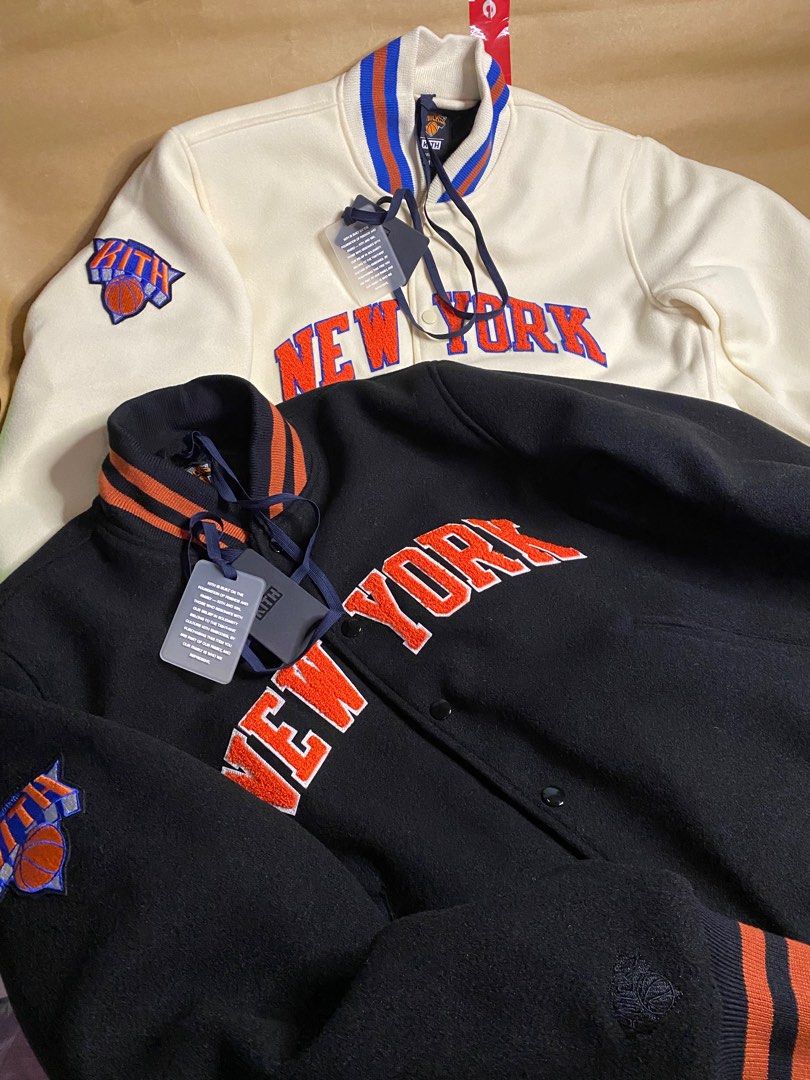Kith Golden Bear for New York Knicks Varsity Jacket (Category: Coats, Jackets and Outerwear) located in Manila. Submitted by godspeedmnl (Listing ID 1360303576, Image 1). Description: Kith Golden Bear for New York Knicks Varsity Jacket SEASON: FW21 10,589PHP / Sizes: S, M, L, XL Colorway: Sandrift, Black Package Included: • Kith Golden Bear for New York Knicks Varsity Jacket x 1 • Paper Bag • Free waterproof stickers! -These free waterproof stick