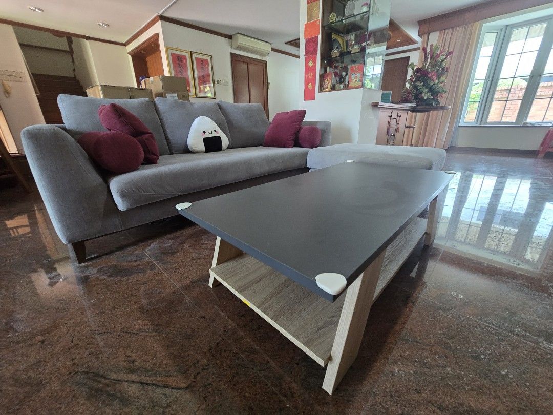 L Shape Sofa (Category: Sofas) located in Singapore. Submitted by veron_mo (Listing ID 1360284321, Image 2). Description: 3 Seater + Ottoman Fabric Sofa Comes with All Cushion $250 210cm x 90cm Coffee Table Available $68 120cm x 70cm Buy Full Set at $288.