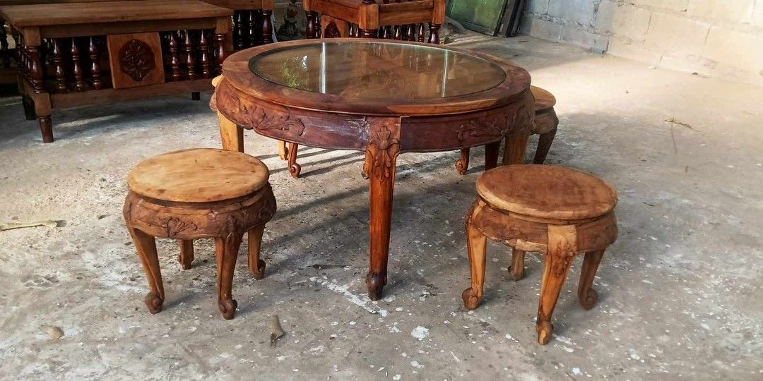Old Round Nesting Table w/ Stool or Tea Table (Category: Tables & Sets) located in Rizal. Submitted by mommykiee (Listing ID 1360269945, Image 3). Description: Old Round nesting table with stool / low tea table Made of mix teak & narra wood Restored & ready to use Size: Table: D32 H29inch Stool: D12 H12inch.