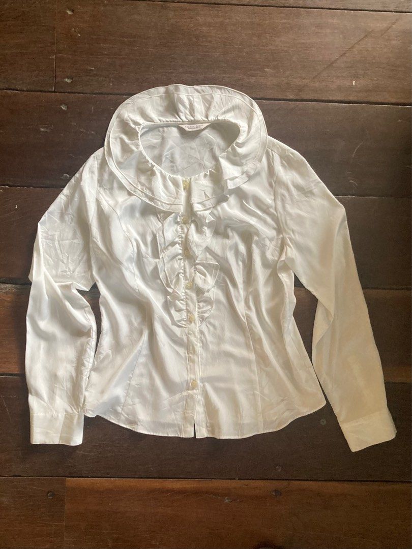 unique romantic ruffled button up long sleeve layering piece coquette (Category: Longsleeves) located in Manila. Submitted by lznosh (Listing ID 1360218116, Image 1). Description: 180 + sf cassna decor (jp brand) slightly sheer xs - m (measurements in pic).