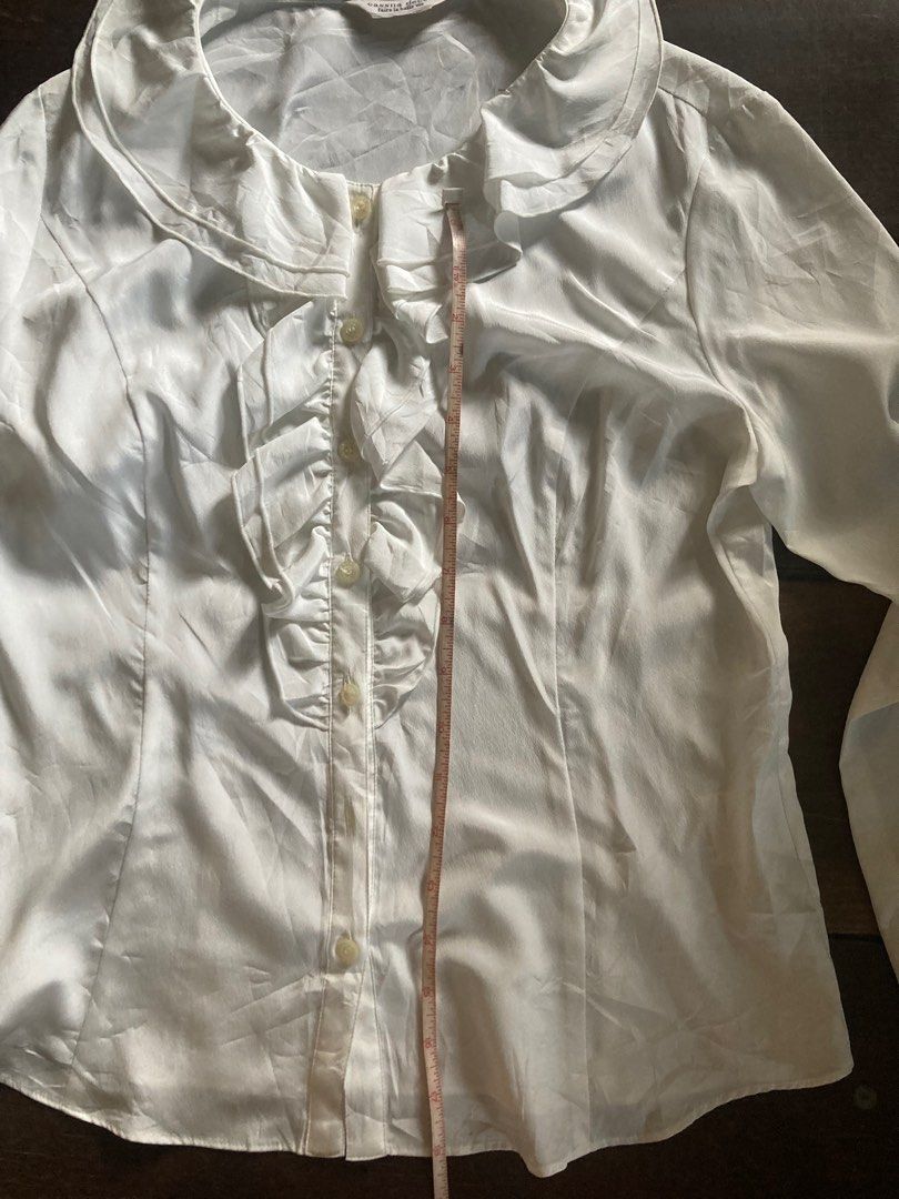 unique romantic ruffled button up long sleeve layering piece coquette (Category: Longsleeves) located in Manila. Submitted by lznosh (Listing ID 1360218116, Image 3). Description: 180 + sf cassna decor (jp brand) slightly sheer xs - m (measurements in pic).