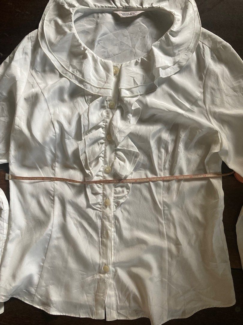 unique romantic ruffled button up long sleeve layering piece coquette (Category: Longsleeves) located in Manila. Submitted by lznosh (Listing ID 1360218116, Image 2). Description: 180 + sf cassna decor (jp brand) slightly sheer xs - m (measurements in pic).
