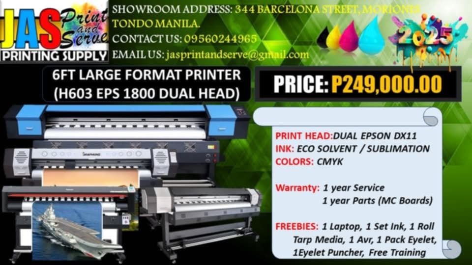 Brand New Dual Head 6ft Large Format Printer, Tarpaulin Printer Eco Solvent Printer DTF Printer Sublimation Printer (Category: Printers, Scanners & Copiers) located in Quezon City. Submitted by joemhelbarros272612 (Listing ID 1360445740, Image 1). Description: Supplier here! Looking for top-quality printing equipment and supplies? Look no further than JASPrint And Serve Printing Supply! We're easy to find and always ready to serve. Address: 344 M