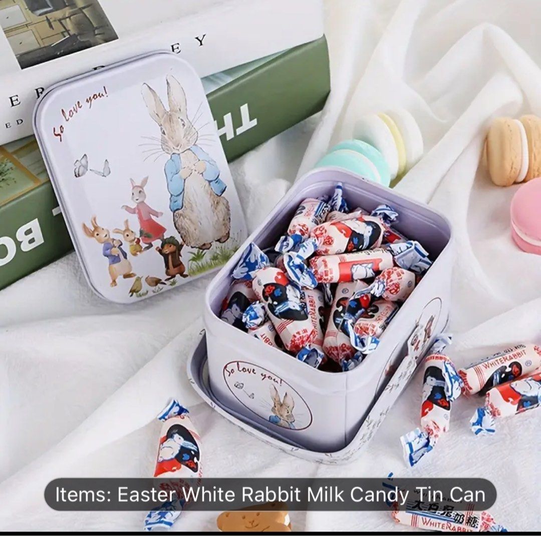 Bunny Print Metal Storage tin can with Handle (Category: Food Organization & Storage) located in Makati City. Submitted by humilityandkindness (Listing ID 1360502933, Image 2). Description: On hand!!! 7 pcs left Vintage Tin Metal Candy Box with Rabbit and Youngsters Design - Durable Small Storage Suitcase, Ideal for Biscuits, Candy, Cosmetics, and Gifts, Decorative Cartoon Illustrations, Gift Storage Box|Whimsical Illustrations|Tin Metal Box East