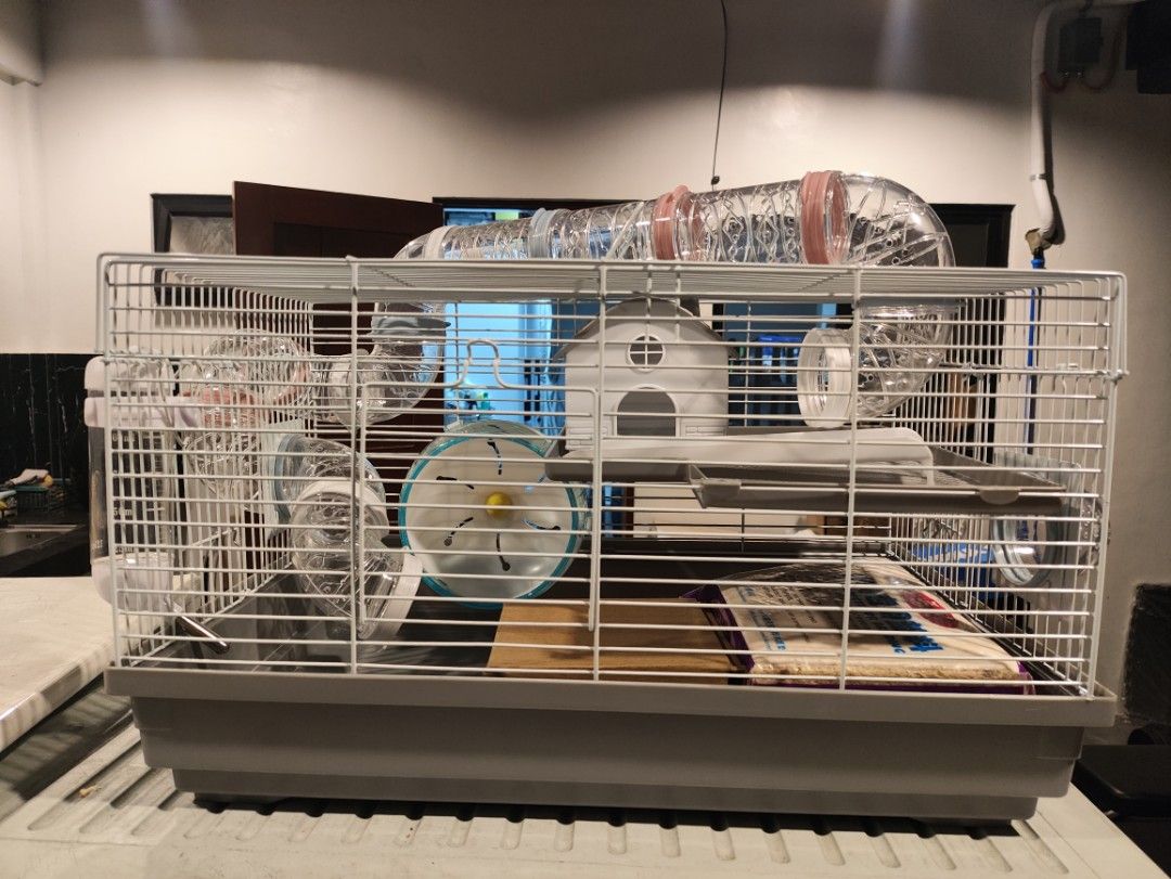 Hamster Cage with 2nd floor (Category: Homes & Other Pet Accessories) located in Manila. Submitted by dpena (Listing ID 1360392774, Image 1). Description: Selling hamster cage with 2nd floor Inclusion: hamster cage 120ml water bottle food bowl upgraded hamster wheel tunnels house stairs Freebie: extra hamster wheel 400g bedding/kusot - can do meetup any area near MRT stations, pasig, makati, bgc area - buyer to shoulder delivery fee if through la