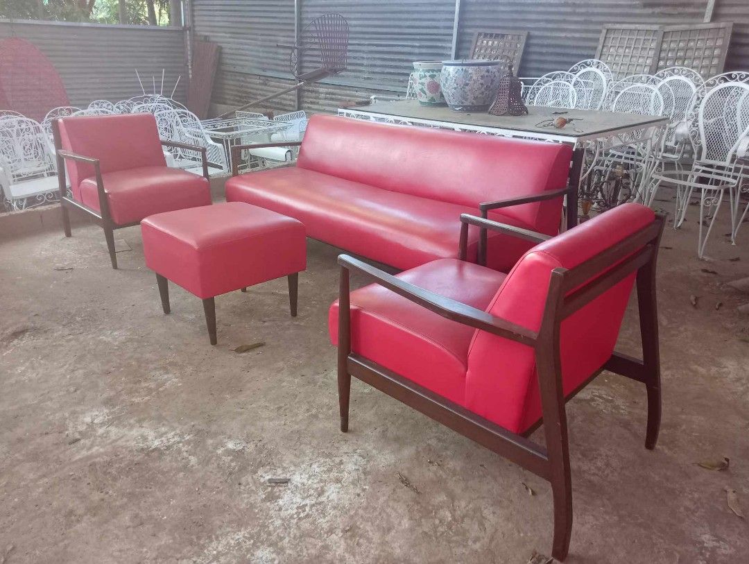 Midcentury Sala Set (Category: Sofas) located in Rizal. Submitted by mommykiee (Listing ID 1360393542, Image 3). Description: Midcentury Sala Set Made of narra wood Old cushion but still intact & sturdy Selling as is but still presentable Size: Single : L25.5 W31 H18-30inch 3seaters : L74.5 W31 H18-30inch Stool : L20 W20 H18inch Price: 27,500 set.