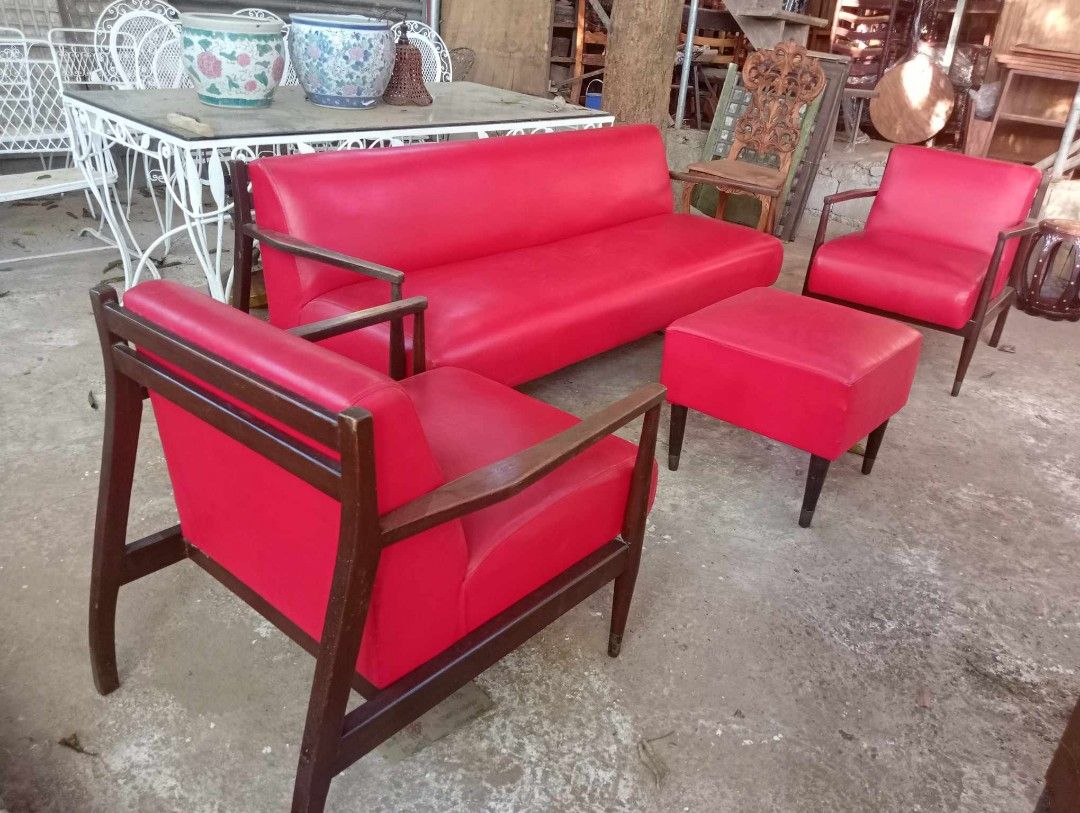 Midcentury Sala Set (Category: Sofas) located in Rizal. Submitted by mommykiee (Listing ID 1360393542, Image 2). Description: Midcentury Sala Set Made of narra wood Old cushion but still intact & sturdy Selling as is but still presentable Size: Single : L25.5 W31 H18-30inch 3seaters : L74.5 W31 H18-30inch Stool : L20 W20 H18inch Price: 27,500 set.