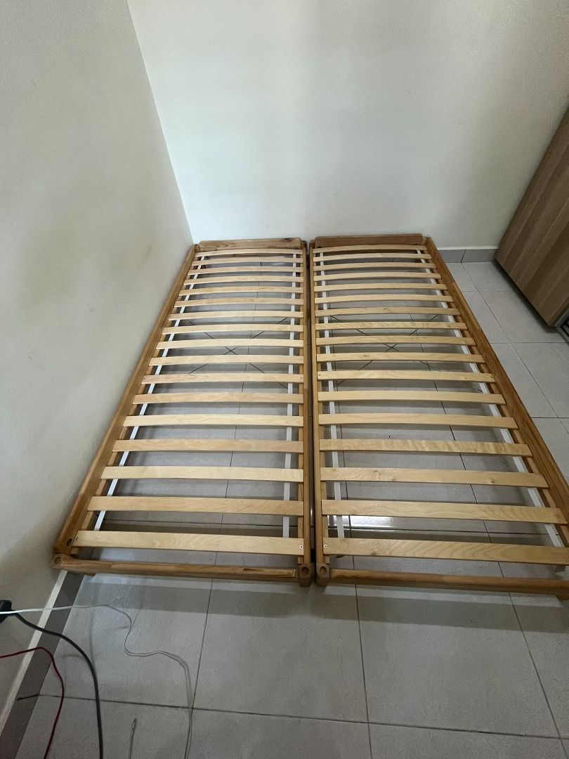 Stackable Bed Frame (Category: Bed Frames & Mattresses) located in Kepala Batas. Submitted by mdar85 (Listing ID 1360404338, Image 3). Description: Size 80X200 CM Including 2 single mattress (also Ikea) Self pick up Price is firm and non-nego See here for more details https://www.ikea.com/my/en/p/utaker-stackable-bed-pine-70360485/.
