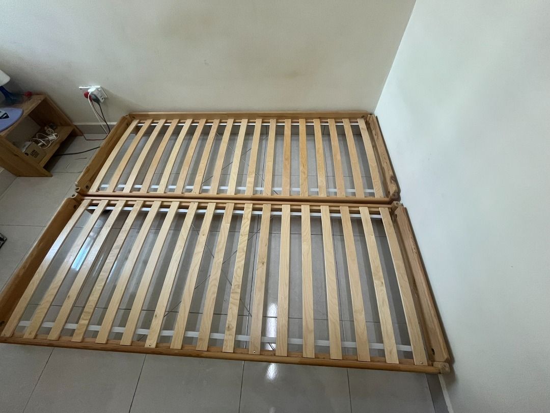 Stackable Bed Frame (Category: Bed Frames & Mattresses) located in Kepala Batas. Submitted by mdar85 (Listing ID 1360404338, Image 2). Description: Size 80X200 CM Including 2 single mattress (also Ikea) Self pick up Price is firm and non-nego See here for more details https://www.ikea.com/my/en/p/utaker-stackable-bed-pine-70360485/.