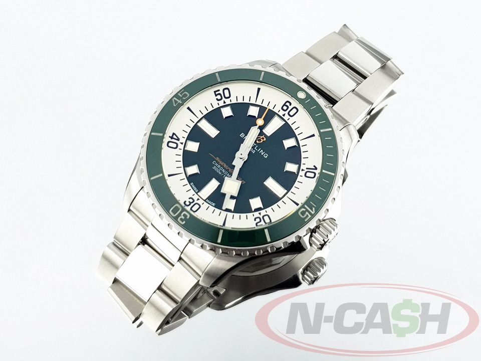 Breitling SuperOcean 44 Green Dial (Category: Luxury Watches) located in Makati City. Submitted by luxury_by_ncash_2 (Listing ID 1360626344, Image 2). Description: N-Cash Pawnshop "Instant Cash for Bags, Watches, Cars, and Electronics" https://www.ncash-pawnshop-philippines.com/ Breitling SuperOcean 44 Green Dial Ref. No. A17376 (A17376A31L1A1) 44mm case Breitling 17 automatic movement Steel bracelet Current retail price of Php 320,000 New Old St