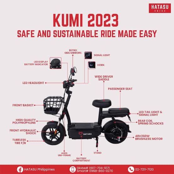 ebike ebikes 2 wheels electric bicycle (Category: Bicycles) located in Quezon City. Submitted by brandmanila (Listing ID 1360703765, Image 3). Description: ‼️HATASU KUMI E-BIKE!‼️ ✨KUMI SPECIFICATION✨ MODEL: HATASU KUMI BATTERY : 48v 15mah Lead-Acid MOTOR : 350W TIRE : TUBELESS SPEED : 30 to 35kph RANGE : 45 to 50 kms 📌Durable 📌Reliable 📌Affordable 📌Eco-friendly.