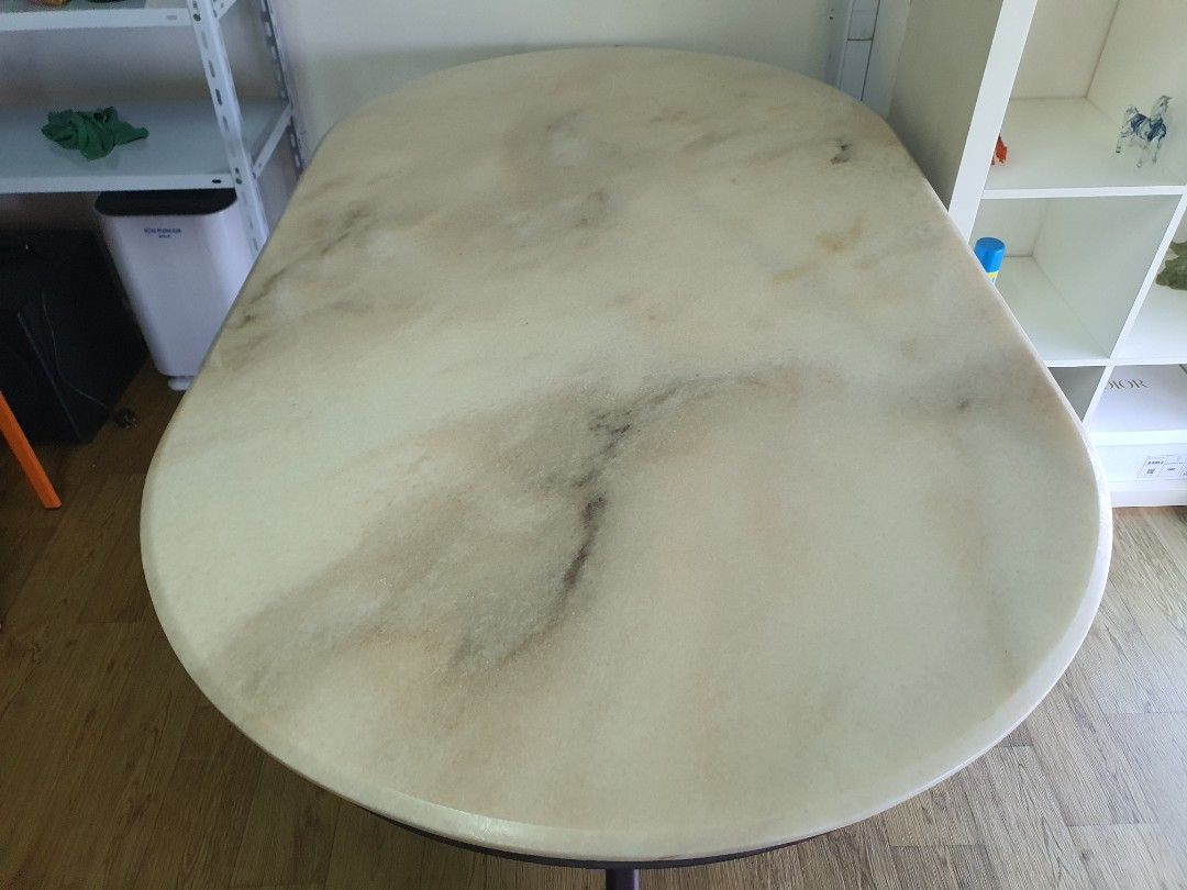 Marble table (Category: Tables & Sets) located in Singapore. Submitted by ahl12 (Listing ID 1360614929, Image 1). Description: Beautiful antique oval marble table with rosewood fitting, including 6 chairs with marble seats. Lots of character. Table: 1.8m length x 1.6m width x 0.7m height. Chair: Seat: 40cm x 40cm x Height 44cm. Self-dismantle, collection and transportation from Yishun North point Bizhub..