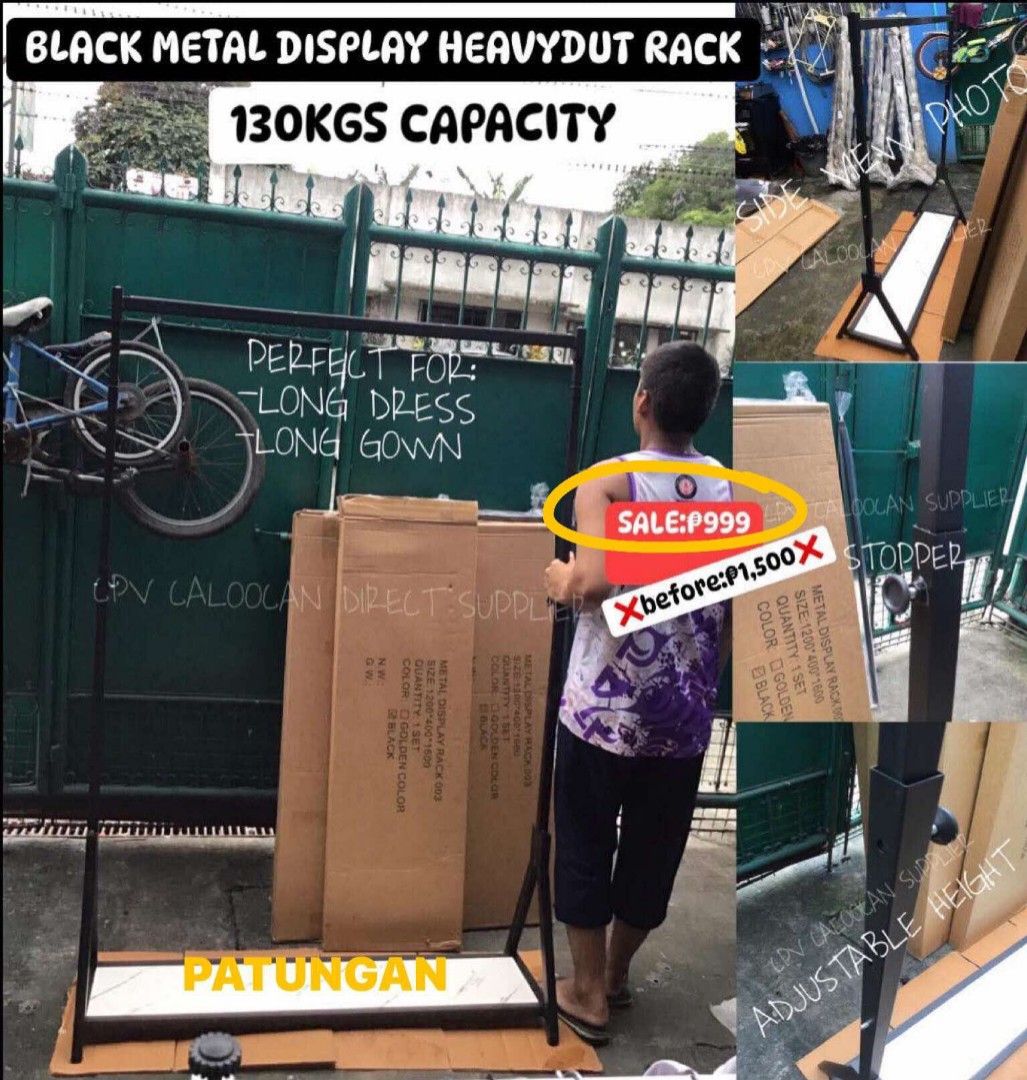 SINGLE BAR HEAVYDUTY METAL DISPLAY CLOTHES RACK (Category: Other Home Decor) located in Caloocan City. Submitted by shelvingstoreandmore (Listing ID 1359251987, Image 1). Description: SINGLE BAR DISPLAY SOLID METAL CLOTHES RACK/FOR LONG DRESS AND GOWNS WAREHOUSE SALE‼️ SINGLE BAR HEAVYDUTY CLOTHES RACK -GUARANTEED BRANDNEW -FRESH FROM WAREHOUSE -BEST FOR LONG DRESS/GOWNS -SOLID HEAVYDUTY-130KGS CAPACITY COLORS AVAILABLE: -GOLD AND BLACK SIZE: WID