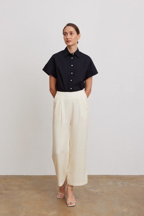 STH Double Pleat Trousers in Ivory Tencel (Category: Other Bottoms) located in Singapore. Submitted by celwears (Listing ID 1360666409, Image 3). Description: worn by previous owner, in great condition with minor piling. selling as its big on me, measurements as shown in last pic size xs S-T-H Double Pleat Trousers in 100% Tencel that is luxuriously soft on the skin for all day comfort. A full-length longline pair of trousers designed for an elon