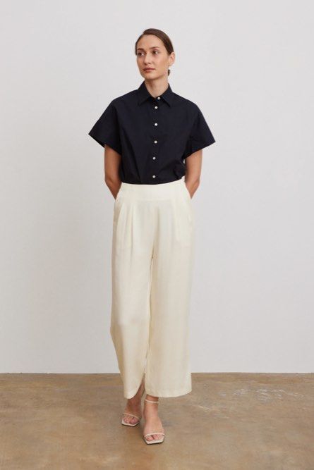 STH Double Pleat Trousers in Ivory Tencel (Category: Other Bottoms) located in Singapore. Submitted by celwears (Listing ID 1360666409, Image 1). Description: worn by previous owner, in great condition with minor piling. selling as its big on me, measurements as shown in last pic size xs S-T-H Double Pleat Trousers in 100% Tencel that is luxuriously soft on the skin for all day comfort. A full-length longline pair of trousers designed for an elon