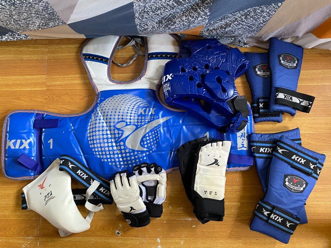 Taekwondo Original KIX Gear Set (Category: Everything Else Others) located in Cavite. Submitted by meepmooop (Listing ID 1360644411, Image 2). Description: For sale, Taekwondo Original KIX Gear Sets 6k each set, negotiable 10k if take all sets Set 1 Kix Net Equipment Bag (Blue) Kix Body Armor (Size 1) Shift Foot Gloves (Small) Kix Hand Gloves (Size 3, White) Kix Groin Guard (Male, Medium) Head Gear (Blue) Shin and Arm Guard (Medium, Blue) Set 2 K