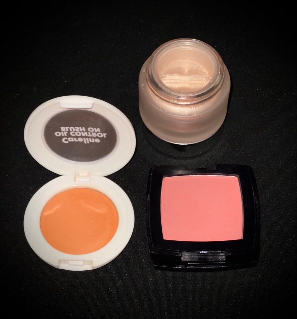 Blush & Highlighter Bundle (Category: Makeup) located in Makati City. Submitted by rewear_ (Listing ID 1360842478, Image 2). Description: FS: RARELY USED BLUSH AND HIGHLIGHTER TAKE ALL FOR ₱300 ‼️ - Careline Oil Control Blush (₱75) Orig Price: ₱149 Shade: Tangerine 97% Full - Lovely Causemetics Highlighter (₱200) Orig Price: 398 Shade: Glare 95% Full - Bys Blusher (₱150) Original Price: ₱249 Shade: Nectar Issue: Broken Cover 98% Full 📍 San Loren