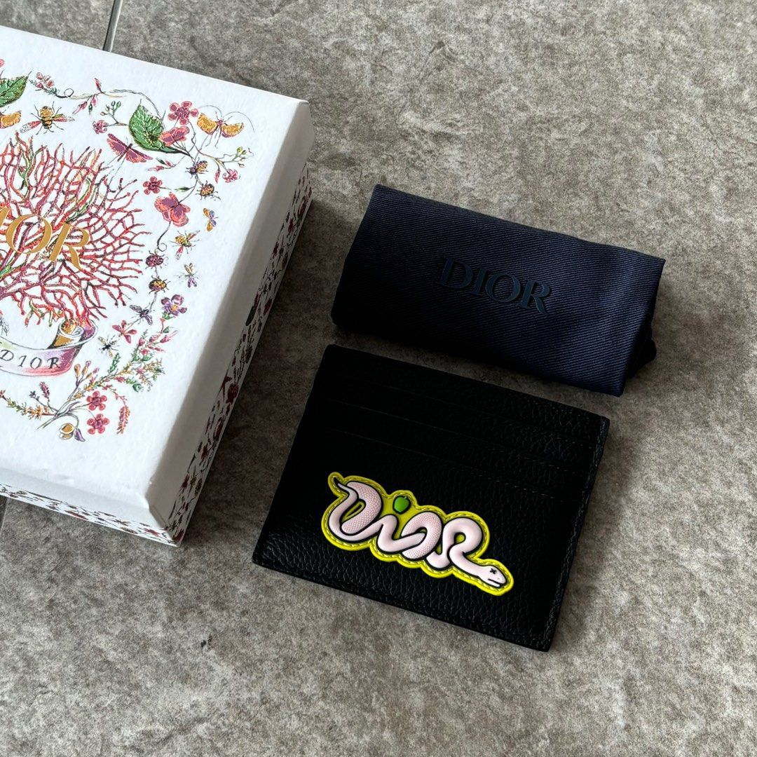 DIOR X KAWS SNAKE YEAR BLACK GRAINED CALFSKIN CARD HOLDER, Men's