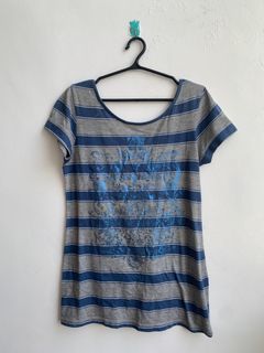 GRUNGE PUNK ALT GREY BLUE STRIPE GRAPHIC DESIGN BACKLESS TOP