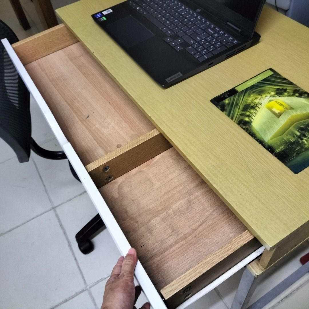 Heavy duty Computer office study table with drawer (Category: Tables & Sets) located in Paranaque City. Submitted by decluttering-all (Listing ID 1360729012, Image 2). Description: Heavy duty Computer office study table with drawer metal legs, fully supported hard wood smooth top drawer with 2 sections custom front cover (to cover legs) using sintra board my original photo of Pagsanjan falls, with tear (on the photo) during transport expect signs