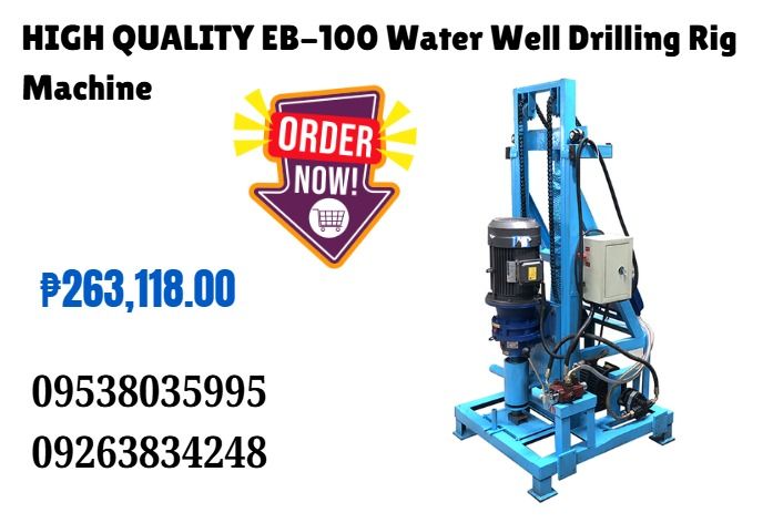 HIGH QUALITY EB-100 Water Well Drilling Rig Machine (Category: Everything Else Others) located in Caloocan City. Submitted by gracemonle62168 (Listing ID 1360805061, Image 1). Description: Overall dimension Working size: 800*900*2650mm Package Size: 800*900*1750mm Drill weight: 250KG Applicable voltage: 380V or 220V Main motor: 3KW Lift motor: 2.2KW Pump power: 1.5KW Lifting force: 1.5 tons Package volume:0.8*0.9*1.75*1.3=1.64m3 Borehole diameter