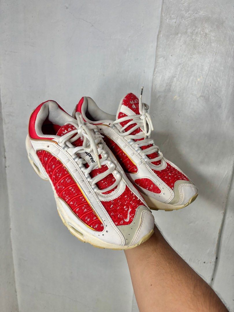 Nike Air Max Tailwind 4 x Supreme University Red (Category: Sneakers) located in Mandaluyong City. Submitted by fellas_ph (Listing ID 1360817637, Image 2). Description: Excellent condition Yellowing sole (needs cleaning) Minimal heeldrags Size 9.5US 12" Inches 30.5CM .
