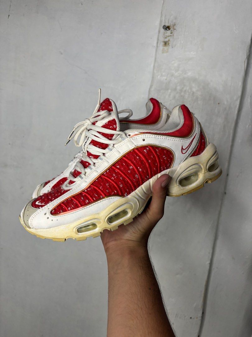 Nike Air Max Tailwind 4 x Supreme University Red (Category: Sneakers) located in Mandaluyong City. Submitted by fellas_ph (Listing ID 1360817637, Image 3). Description: Excellent condition Yellowing sole (needs cleaning) Minimal heeldrags Size 9.5US 12" Inches 30.5CM .