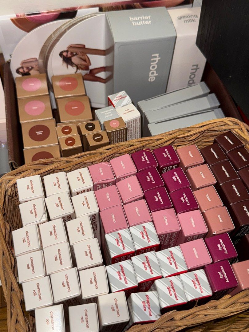 Rhode INSTOCKS (Category: Makeup) located in Singapore. Submitted by blushbunnie (Listing ID 1360845921, Image 1). Description: Lip tints / balm $36 Cinnamon Roll Sugar cookie Peppermint Ribbon Toast Raspberry Jelly Espresso Unscented Blushes: $40 Piggy Freckle Toasted teddy Skincare: Barrier butter $63 Glazing milk $56 Rhode mirror $50.