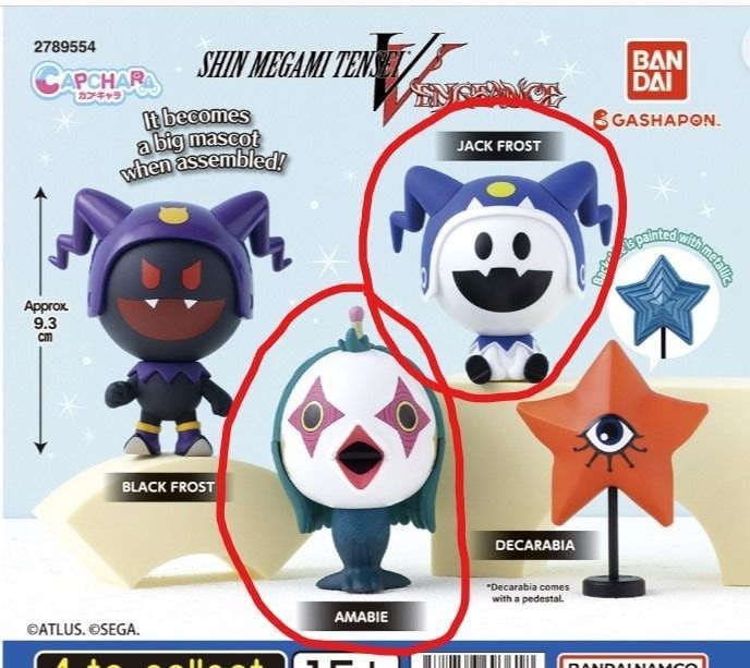 Shin Megami Tensei V Gashapon: Jack Frost and Amabie (Category: Designer & Blind Box Toys) located in Singapore. Submitted by weimingg95 (Listing ID 1360839006, Image 1). Description: Shin Megami Tensei V Bandai Gashapon gachapon 1x Jack Frost: $4 1x Amabie: $4 Looking for and willing to trade for Black Frost.