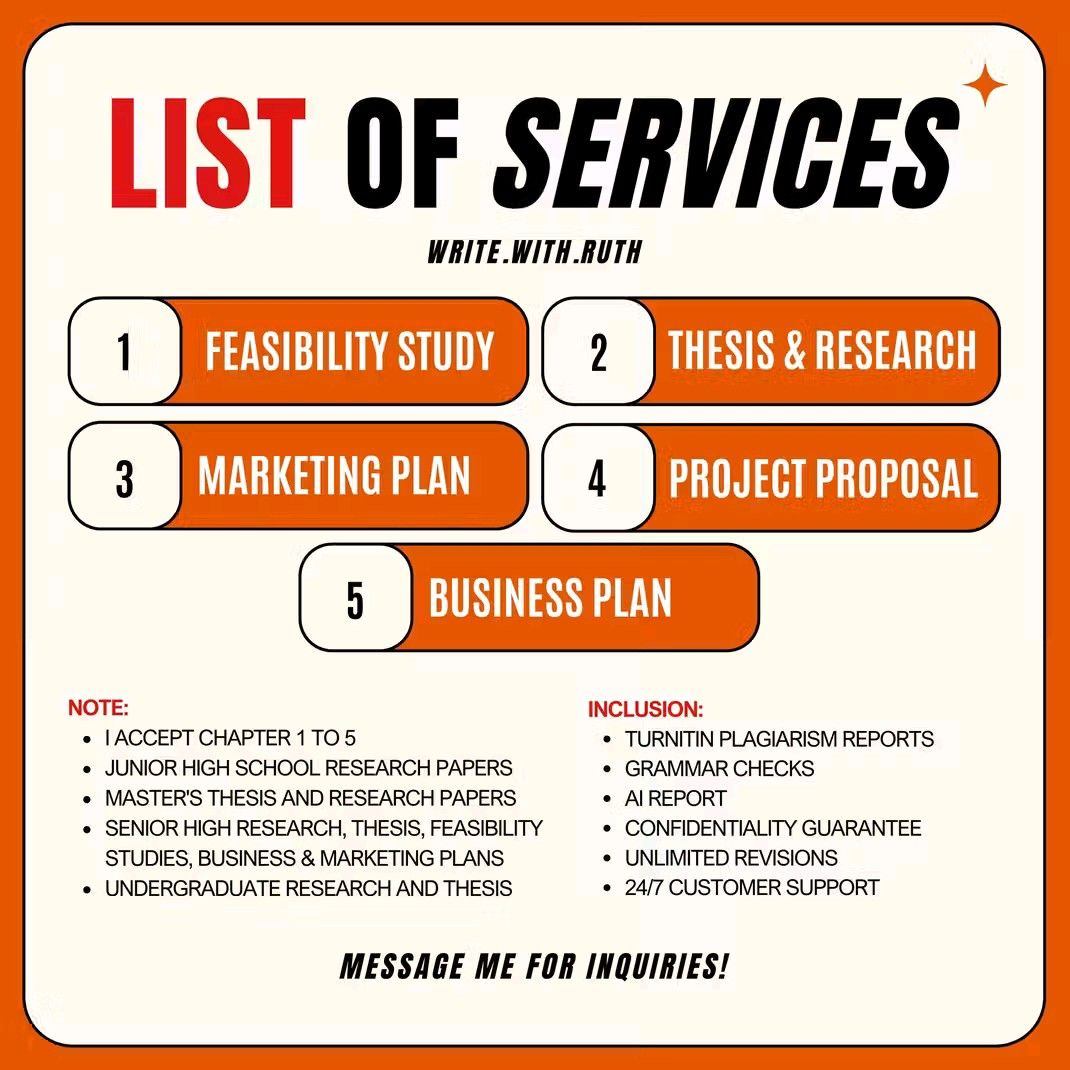Thesis, Research, Business Plan, etc., (Academic Writing Services) (Category: Everything Else Others) located in Obando. Submitted by ruthjaneriel (Listing ID 1360863144, Image 1). Description: Feeling overwhelmed by your research paper, feasibility study, marketing plan, thesis, essays, or any academic project? Let me take that weight off your shoulders! I'm here to offer you top-notch writing services, ensuring each paper is written with excell
